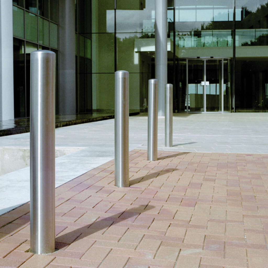 stainless steel static bollards in front of business building