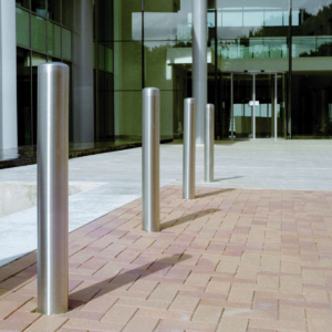 stainless steel static bollards in front of business building