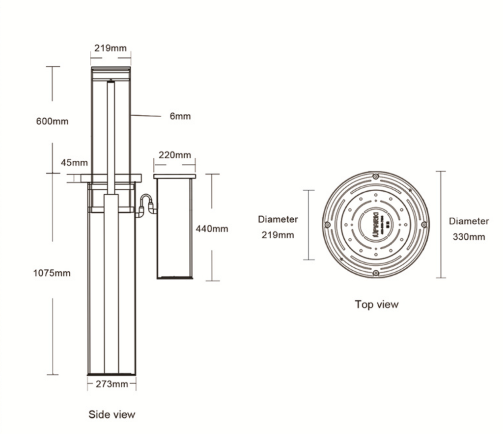 echo rise automatic battery bollard dimensions