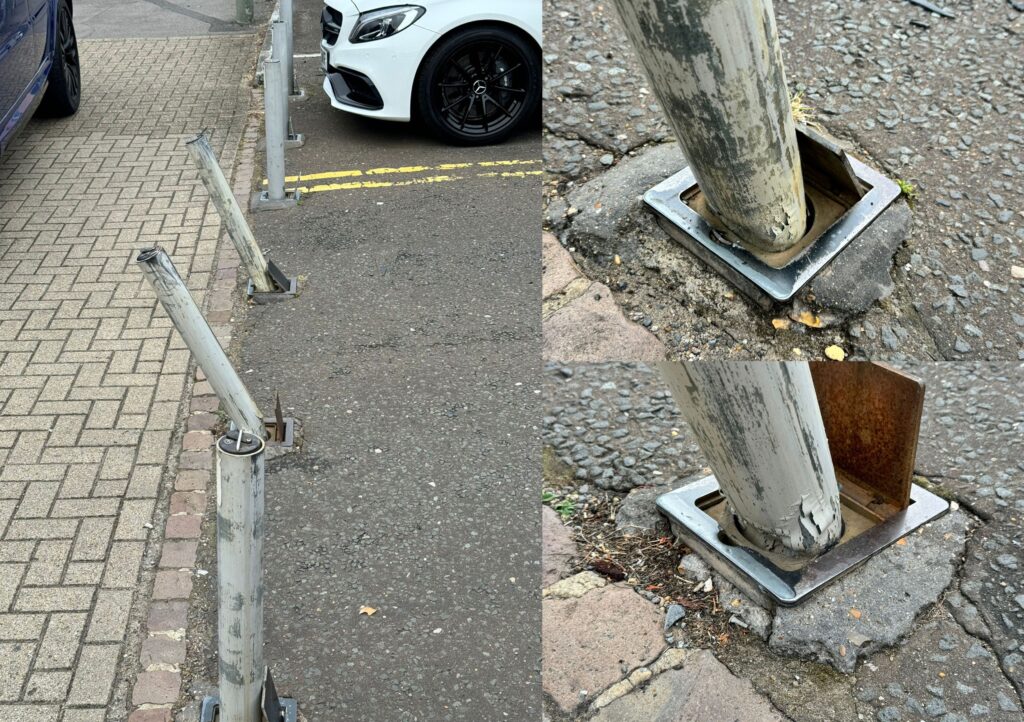 A collage of three images showing the damage caused by the Range Rover to the bollards.